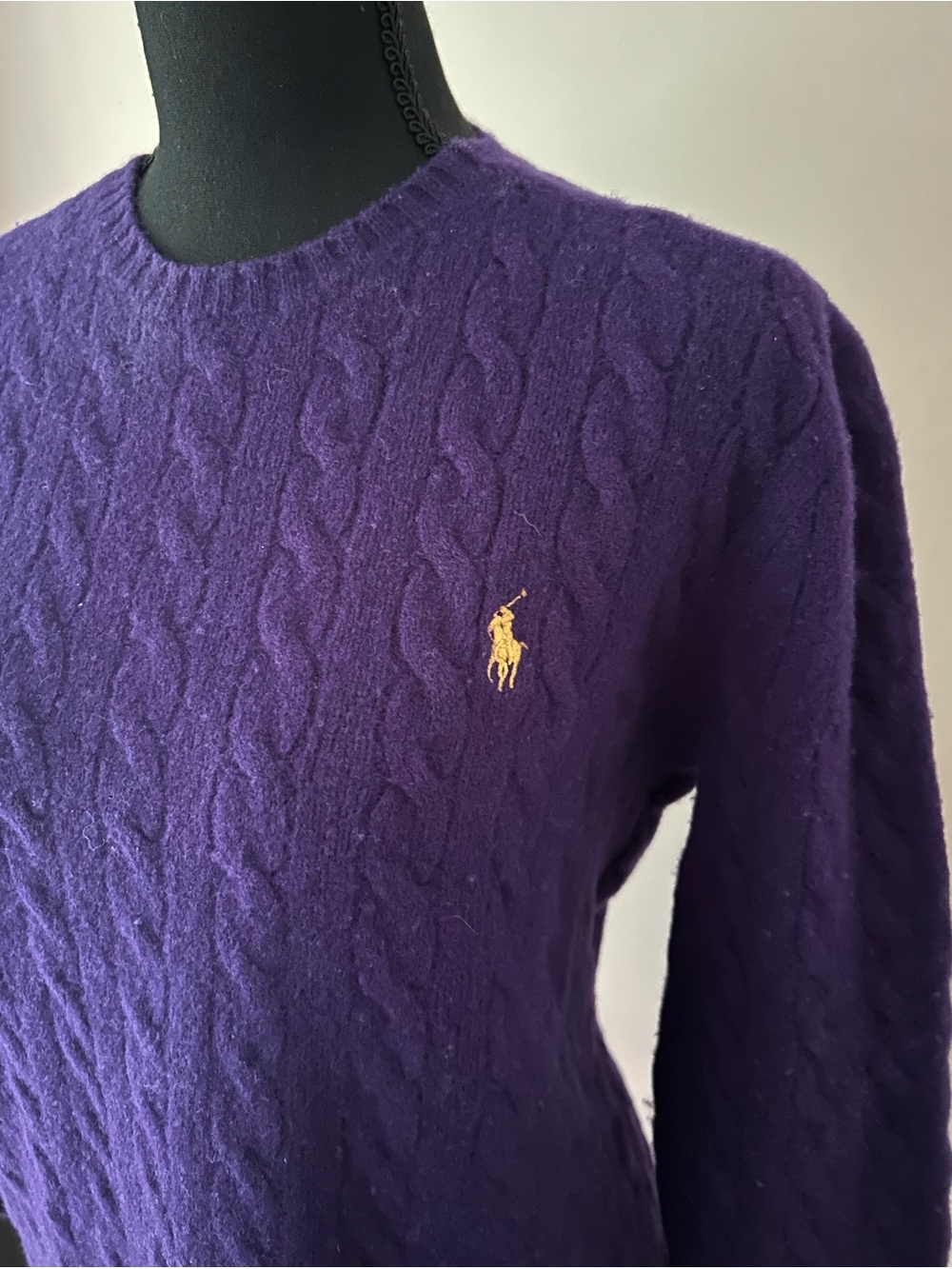 Polo by Ralph Lauren Cashmere Purple Cable-Knit Crewneck Sweater with Gold Pony